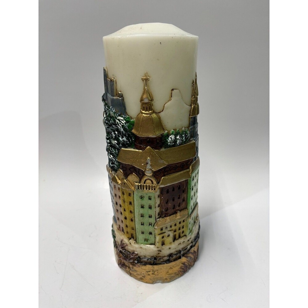 Vintage 12" Carved European Cityscape Pillar Candle Hand Painted Relief Decor